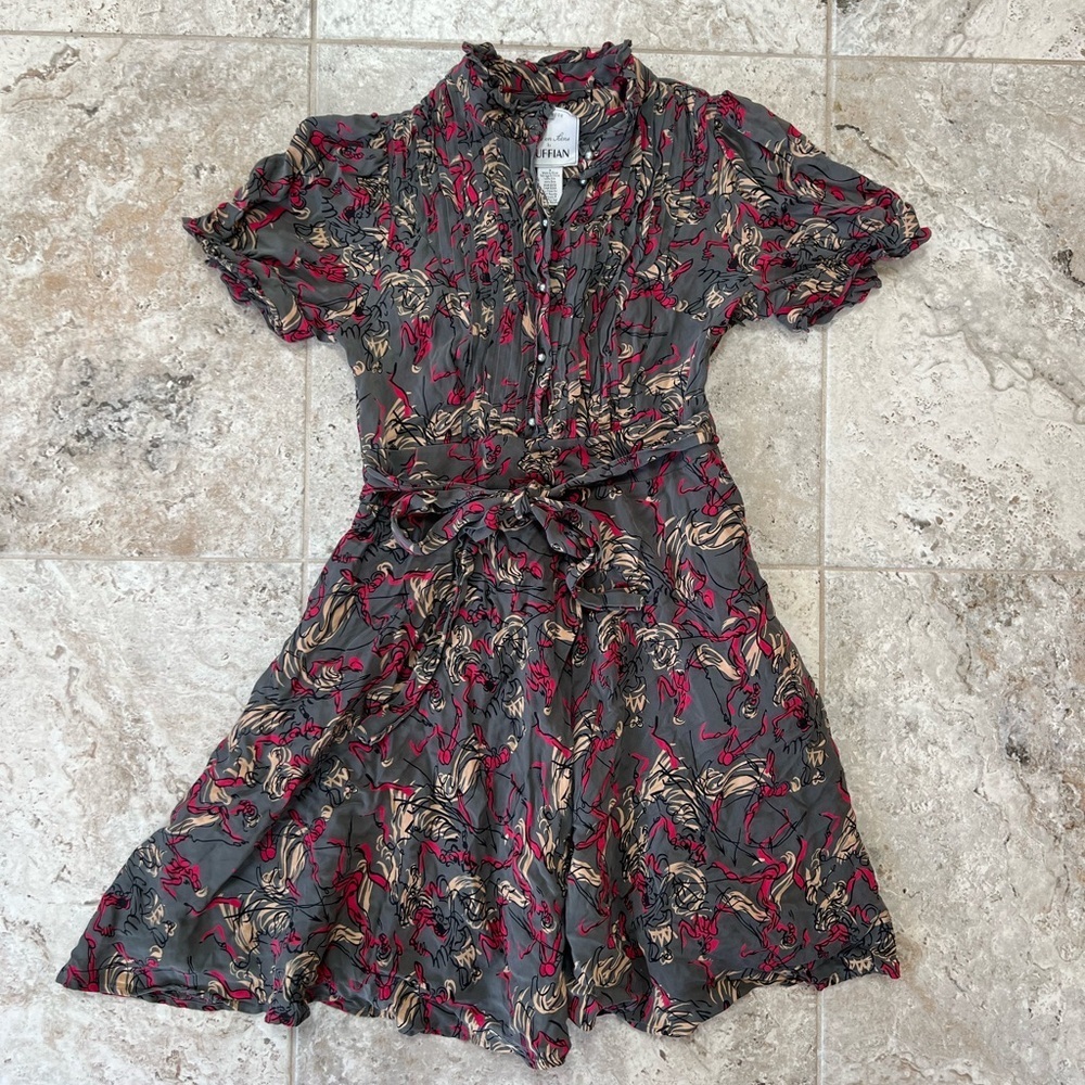 Anthropologie Vtg 2009 Button Front Short Sleeve Silk Dress Belt Pockets Gray, 6 - Picture 10 of 10